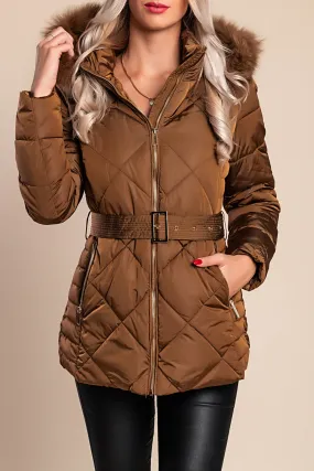Chaqueta corta acolchada con capucha, camello